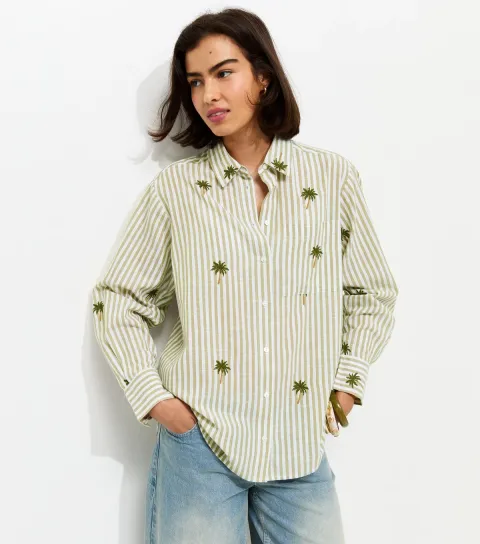 Women's Green Striped Palm Tree Embroidered Shirt