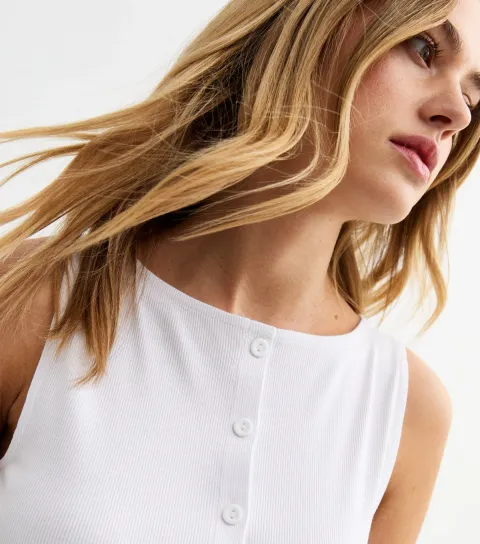 Women's White Rib Button Through Tank Top