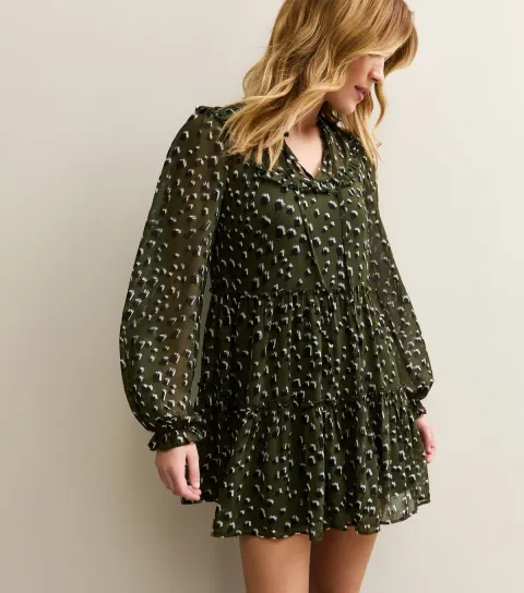 Women's Dark Green Chiffon Ruffle Abstract Pattern Mini Dress