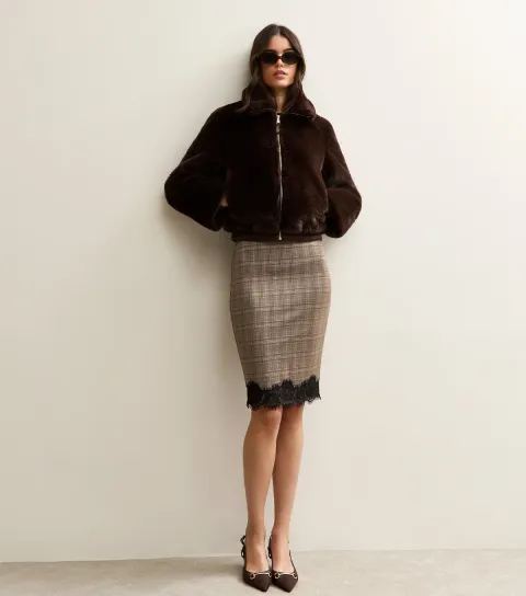 Women's Brown Check Lace Hem Midi Skirt