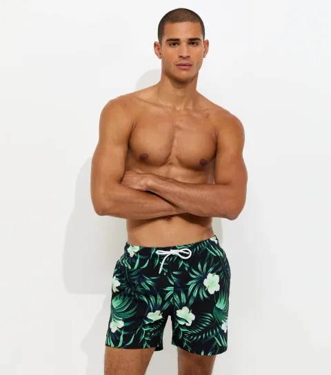 Men's Black Hibiscus Print Seersucker Swim Shorts