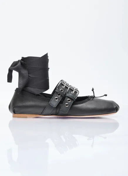 Buckle-Embellished Leather Ballerina Flats