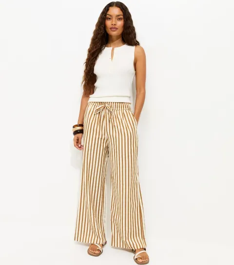 Women's Petite Yellow Striped Drawstring Wide Leg Trousers