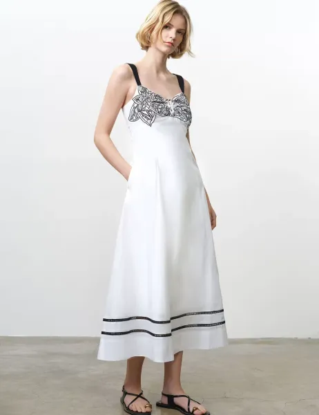 French Connection Pure Cotton Floral Embroidery U-Wire Midi Dress White Mix