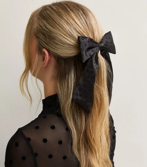New Look Black Satin Polka Dot Flocked Bow Hair Slide