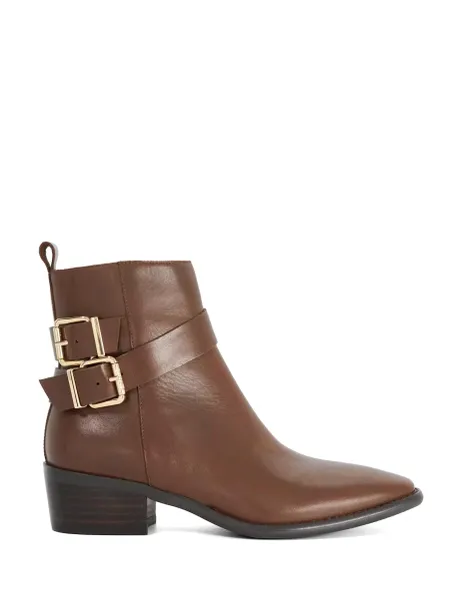 Dune London Leather Buckle Block Heel Ankle Boots Brown