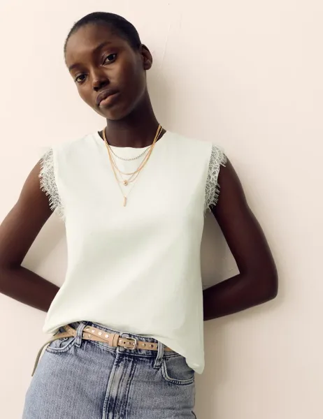 Per Una Cotton Rich Lace Trim Tank Top With Linen Ivory