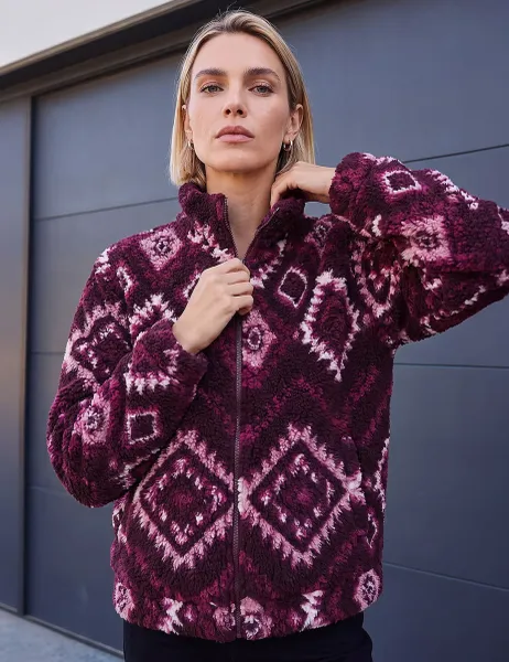 Roman Aztec Print Zip Fleece Jacket Burgundy