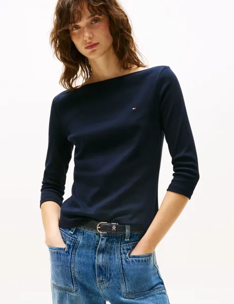 Tommy Hilfiger Pure Cotton Boat Neck Top Navy