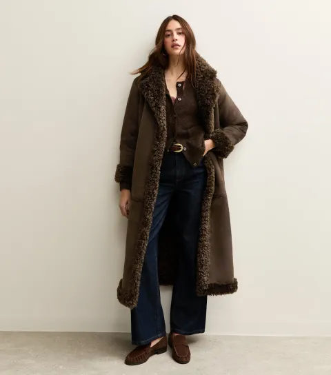 New Look Women's Brown Bonded Faux Fur Trimmed Faux Suede Coat