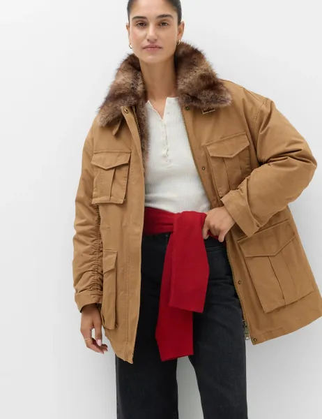 Marks & Spencer Pure Cotton Faux Fur Trim Parka Jacket Brown