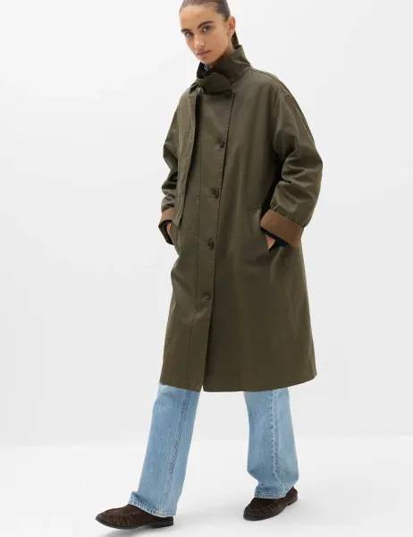 Marks & Spencer Cotton Rich Waxed Tie Neck Car Coat Dark Olive