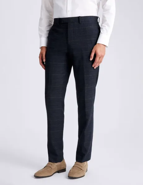 Moss Tailored Fit Check Suit Trousers Navy Mix