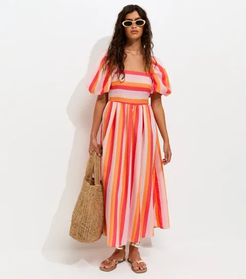 Women's Pink Stripe Milkmaid Midi Dress