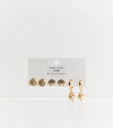 Pack of 3 Gold Tone Shell Stud and Hoop Earrings