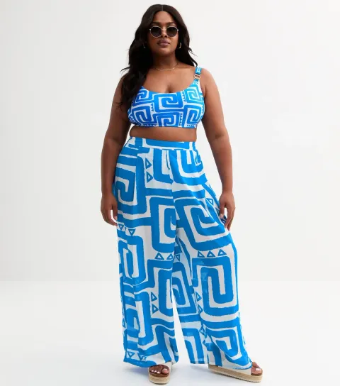 New Look Women's Plus Size Blue Swirl Print Trousers Curves