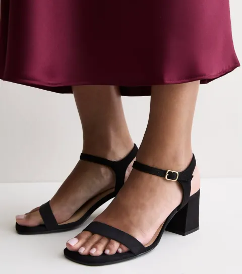 Women's Wide Fit Black Faux Suede Block Heel Sandals Vegan