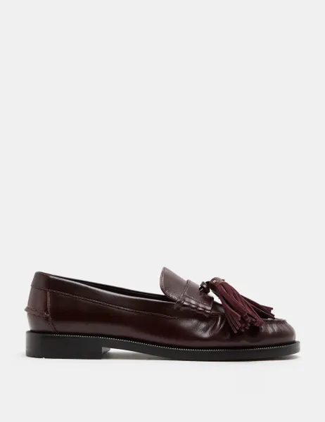 Marks & Spencer Leather Chunky Tassel Block Heel Round Toe Loafer Wine