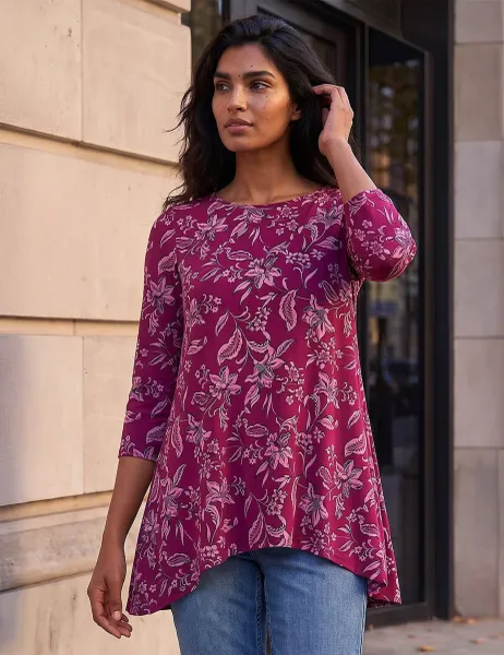 Roman Jersey Floral Handkerchief Hem Tunic Top Burgundy Mix