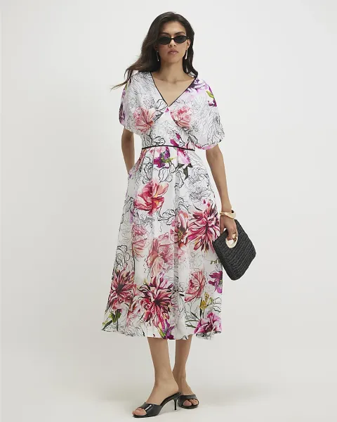 River Island Floral Printed Puff Sleeve Midi Dress