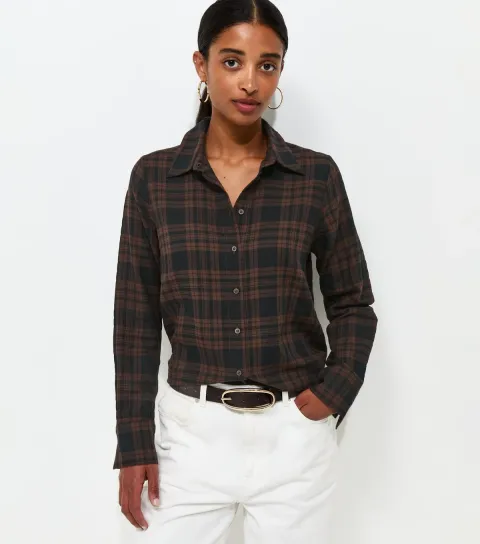 Women's Brown Cotton Rich Checked Long Sleeve Shirt