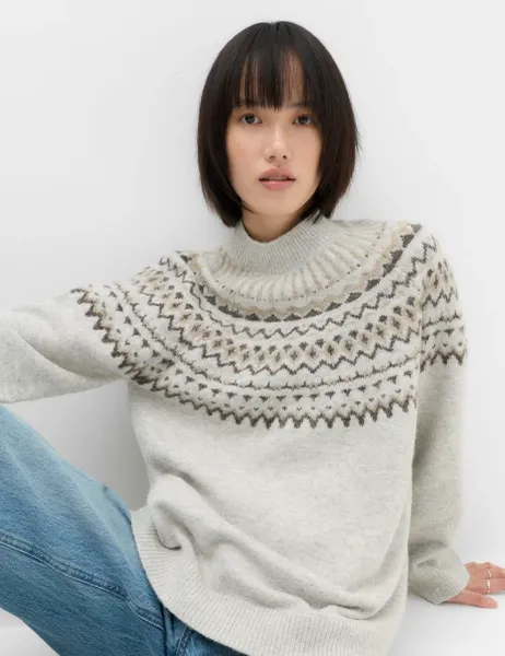Marks & Spencer Fairisle Funnel Neck Christmas Jumper With Wool Grey Mix
