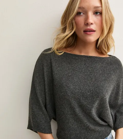 New Look Women's Dark Grey Soft Touch Batwing Sleeve Top