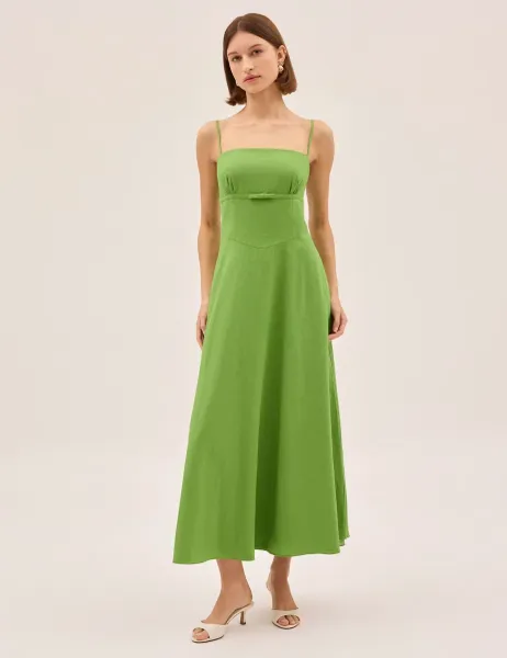 KITRI Cotton Linen Blend Square Neck Midi Dress Green