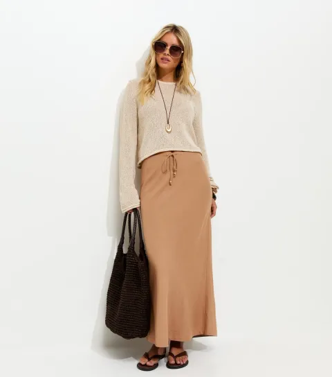 Women's Petite Tan Linen Look Bias Cut Tie Waist Midi Skirt