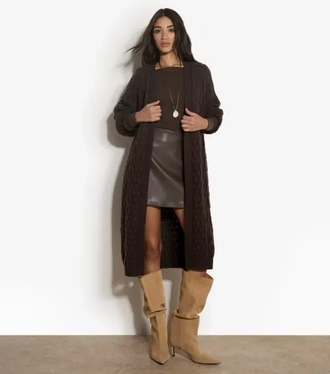 Apricot Women's Dark Brown Cable Knit Open Front Longline Cardigan