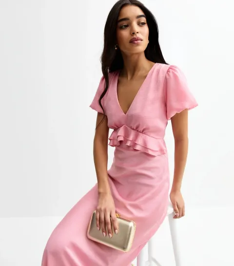 New Look Women's Pink V-Neck Satin Ruffled Midi Dress