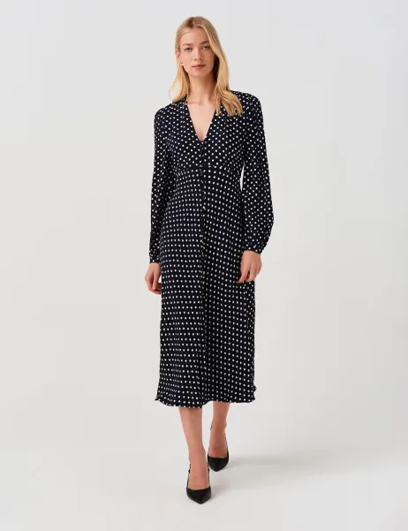 Ghost Crepe Polka Dot V-Neck Midi Waisted Dress Navy Mix