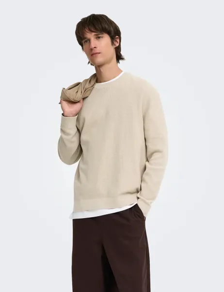 Only & Sons Textured Waffle Knit Crew Neck Jumper Beige