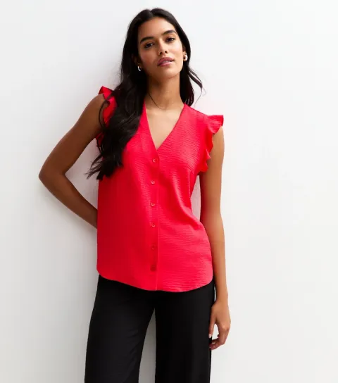 Women's Red Ruffle Trim Button Up Top