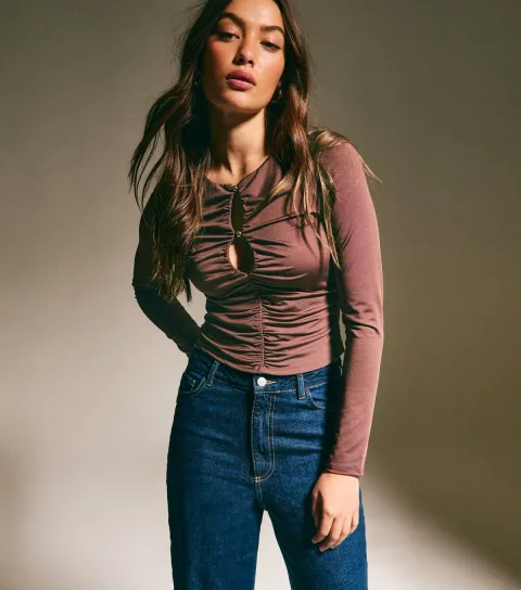 Women's Dark Brown Ruched Cutout Long Sleeve Top