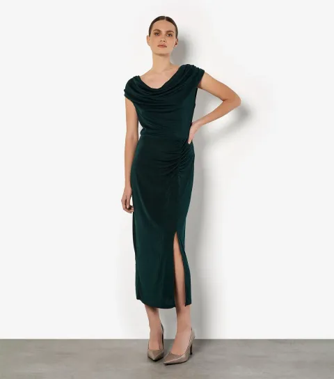 Women's Dark Green Shiny Ruched Cowl Neck Midi Dress