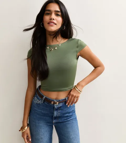 Women's Khaki Scoop Back Jersey Cropped T-Shirt
