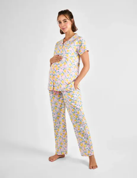 JoJo Maman Bébé Maternity Pure Cotton Lemon Pyjama Set Light Pink Mix