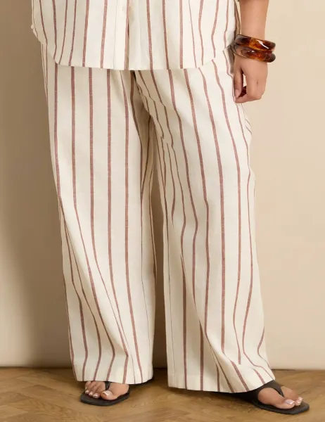 Cotton Rich Striped Wide Leg Trousers Oatmeal