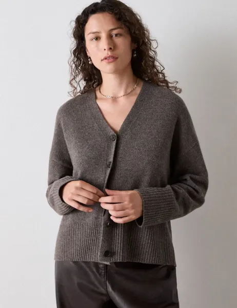 Whistles Pure Wool V-Neck Button Front Cardigan Neutral