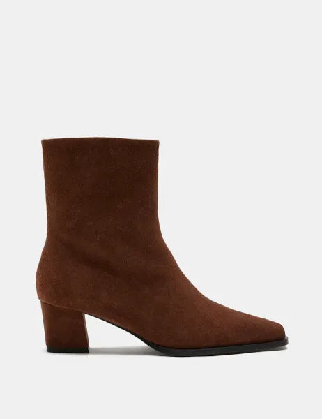 Marks & Spencer Suede Block Heel Chisel Toe Ankle Boots Dark Tan
