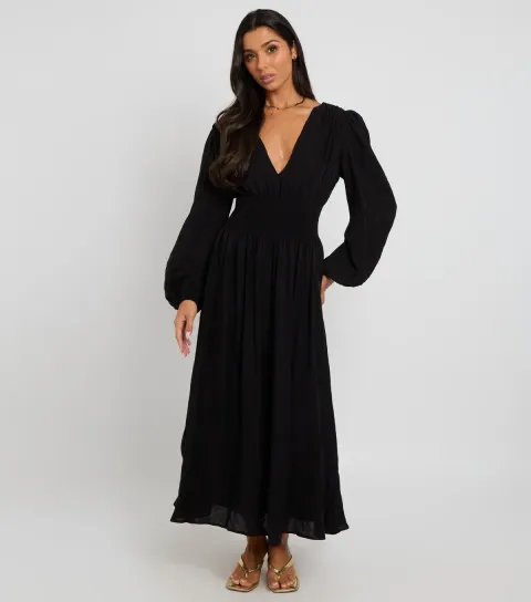 Women's Black Elasticated Waist Long Sleeve Maxi Dress