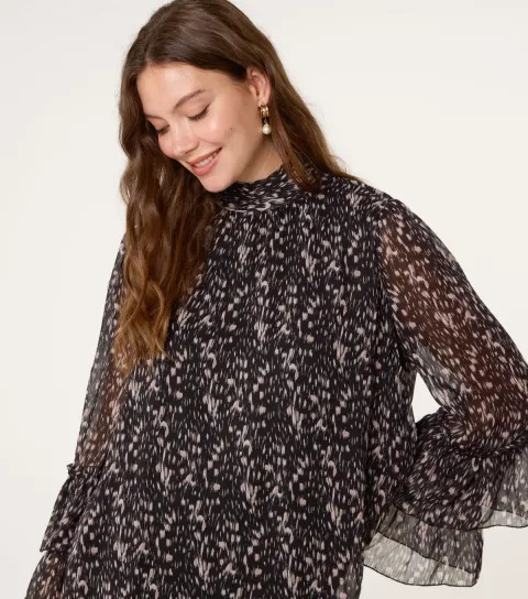 Women's Black Abstract Print Frill Sleeve Blouse