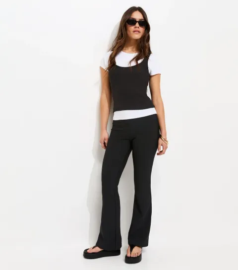 Women's Petite Black Rib Flared Trousers