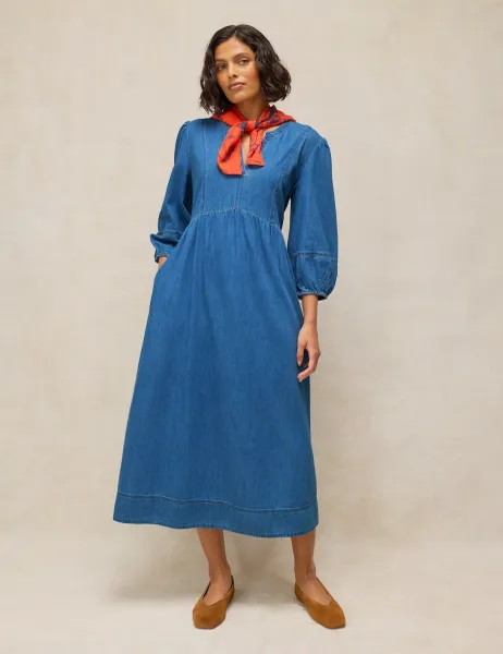 White Stuff Krystin Denim Notch Neck Midi Tea Dress Blue Denim