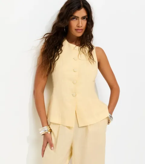 Women's Light Yellow Linen Rich Button Through Peplum Waistcoat