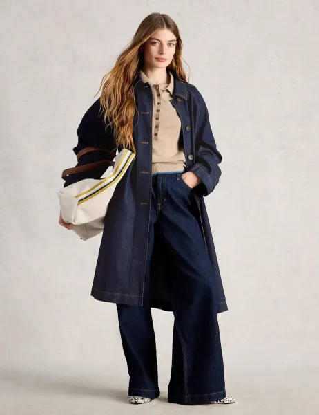 White Stuff Denim Collared Longline Coat Dark Blue Denim