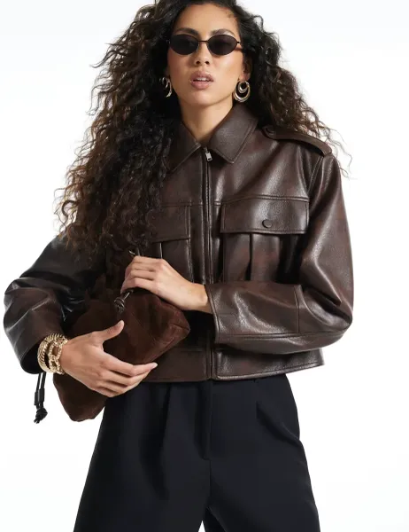 River Island High Neck Cropped Harrington Jacket Brown
