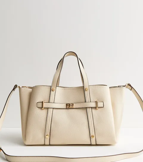 Cream Faux Leather Triple Compartment Tote Bag Vegan