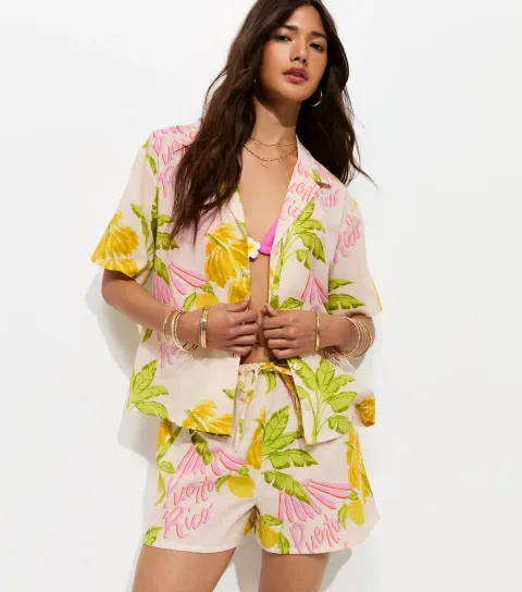 Women's Cream Cotton Palm Print Shorts